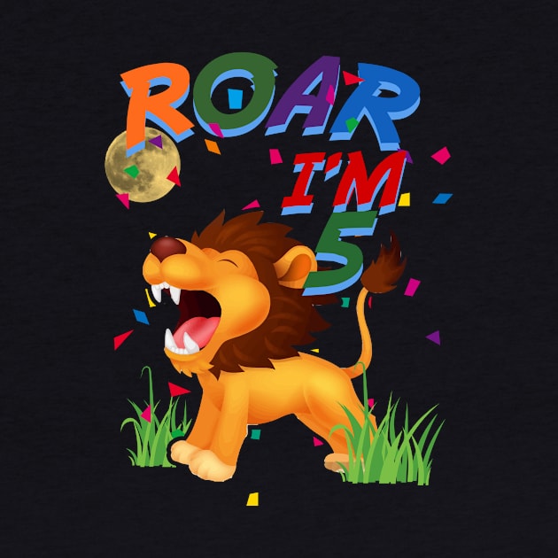 Kids 5th Birthday ROAR I'm 5 Year Old Shirt Boys Lion Safari Gift by GillTee